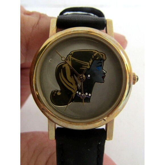 Barbie Wristwatch Vintage 90s Matel Silhouette Gold Silver Face Leather Band - Picture 1 of 7